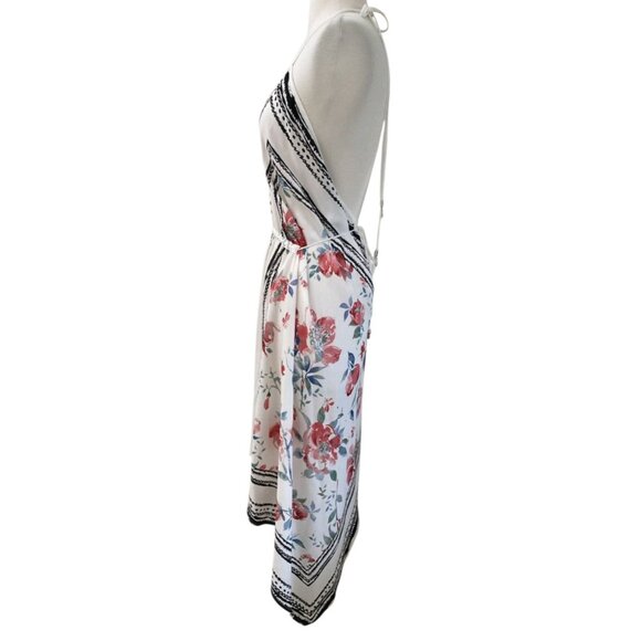 ZARA Combined Asymmetric Halter V-Neck Dress Rose Print Black/White/Red Sz S - Picture 5 of 10